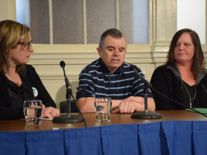 Leblanc, MacLean and Lee speaking at the No More Warehousing: Holding Premier McNeil to His Promises press conference.